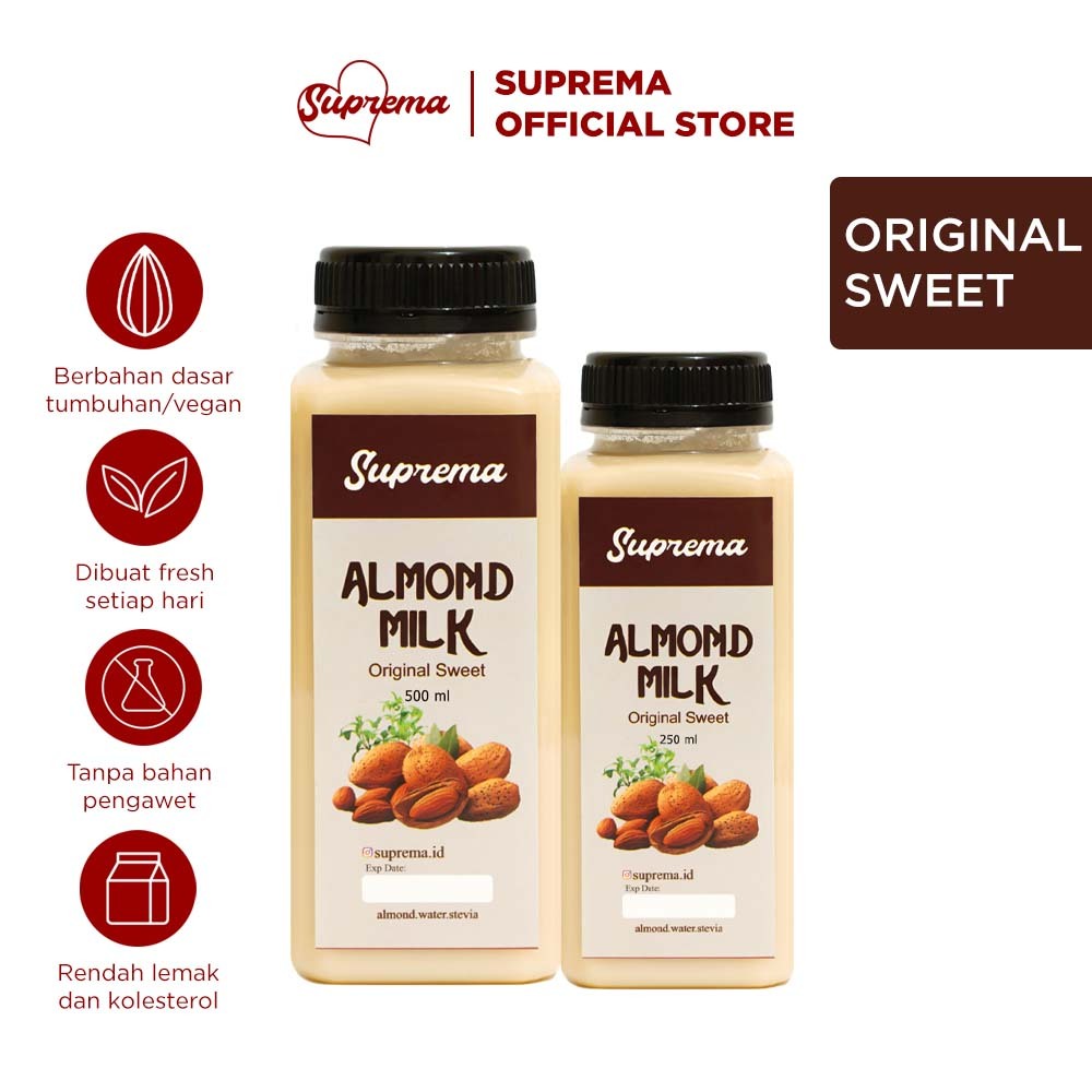 

Suprema Almond Milk - Original Sweet 250 ml | Susu Almond Diet Pelangsing Roasted Almond Palembang ASI Booster Pelancar Asi Vegan Stevia