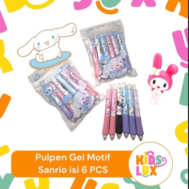 

Pulpen Gel Motif Sanrio Kuromi,My Melody,Cinnamoroll isi 6pcs