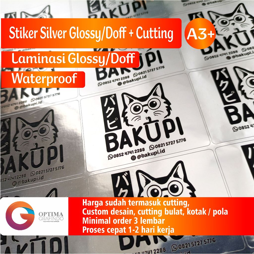 

Cetak Stiker Label Silver Glossy Laminasi Glossy Dof A3+ termasuk Cutting Stiker Silver Stike Metalize