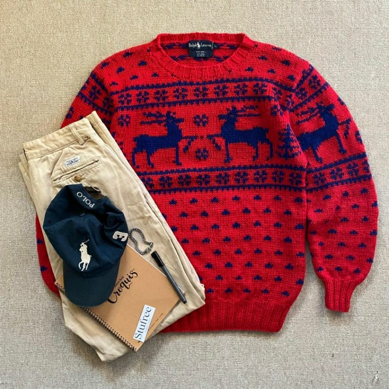 polo ralph lauren knit rajut christmas pattern polo rl rusa merah full motif unisex cowok cewek