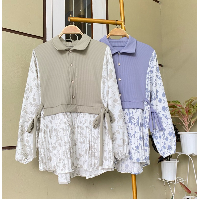 blouse wanita korea atasan wanita korea model rompi kombinasi bunga katun crinkle