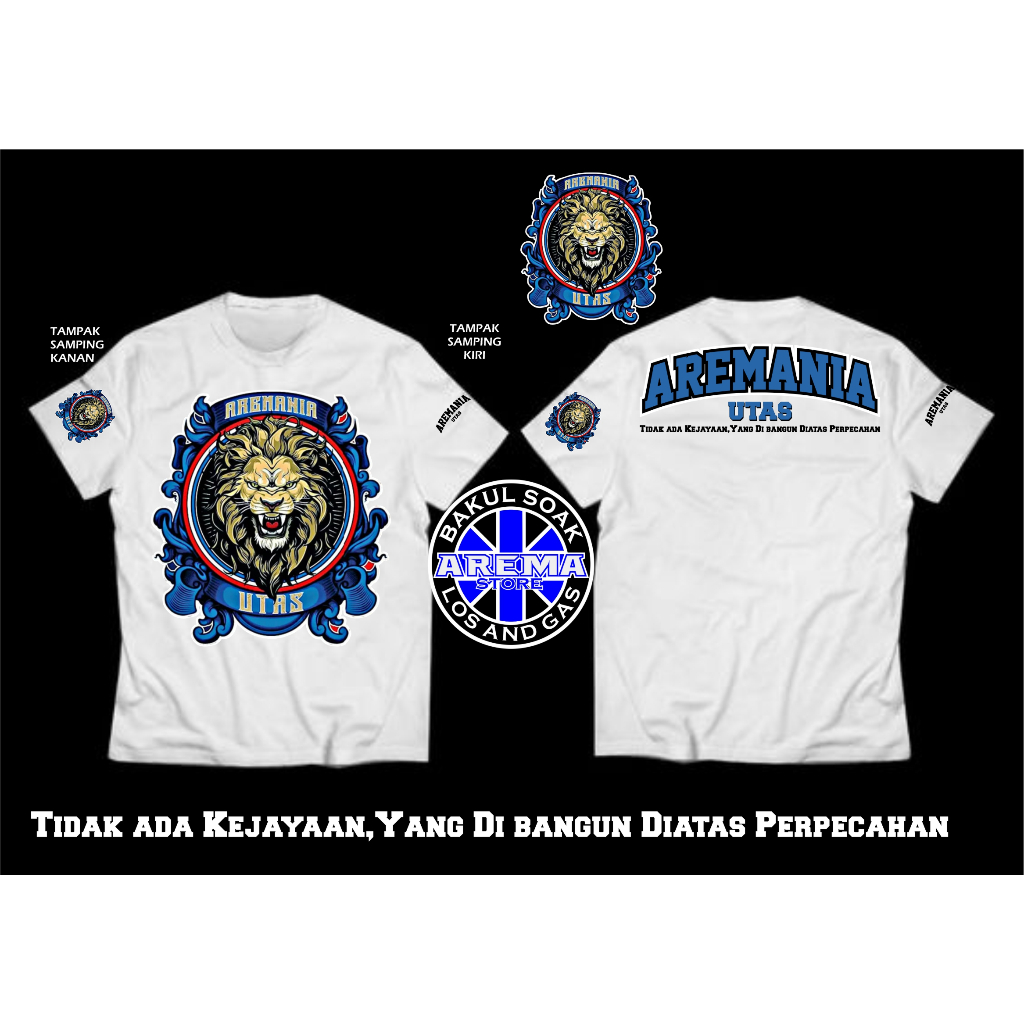 kaos arema kaos aremania utas warna hitam dan biru putih