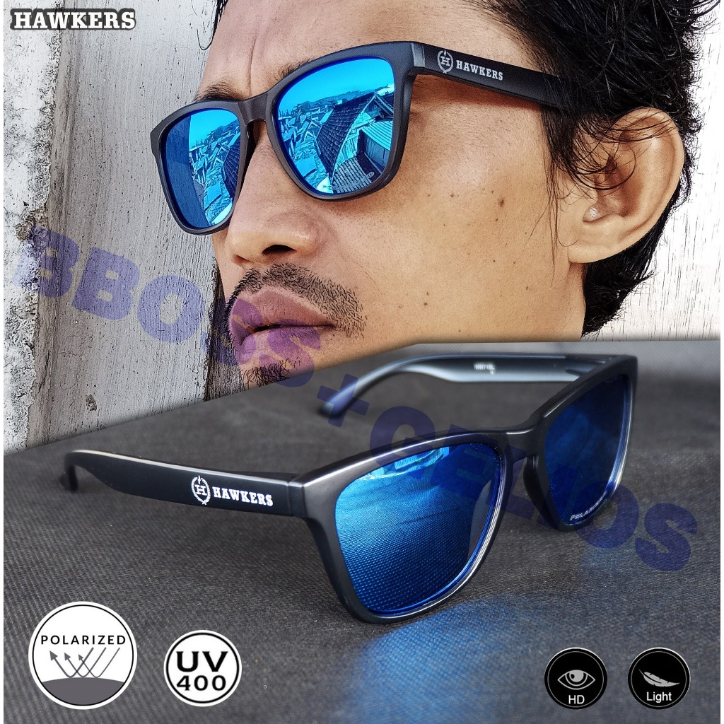 KACAMATA HITAM PRIA WANITA HAWKERS UNISEX BLUE POLARIZED ORIGINAL UNISEX SUNGLASSES BLACK MATTE OUTD