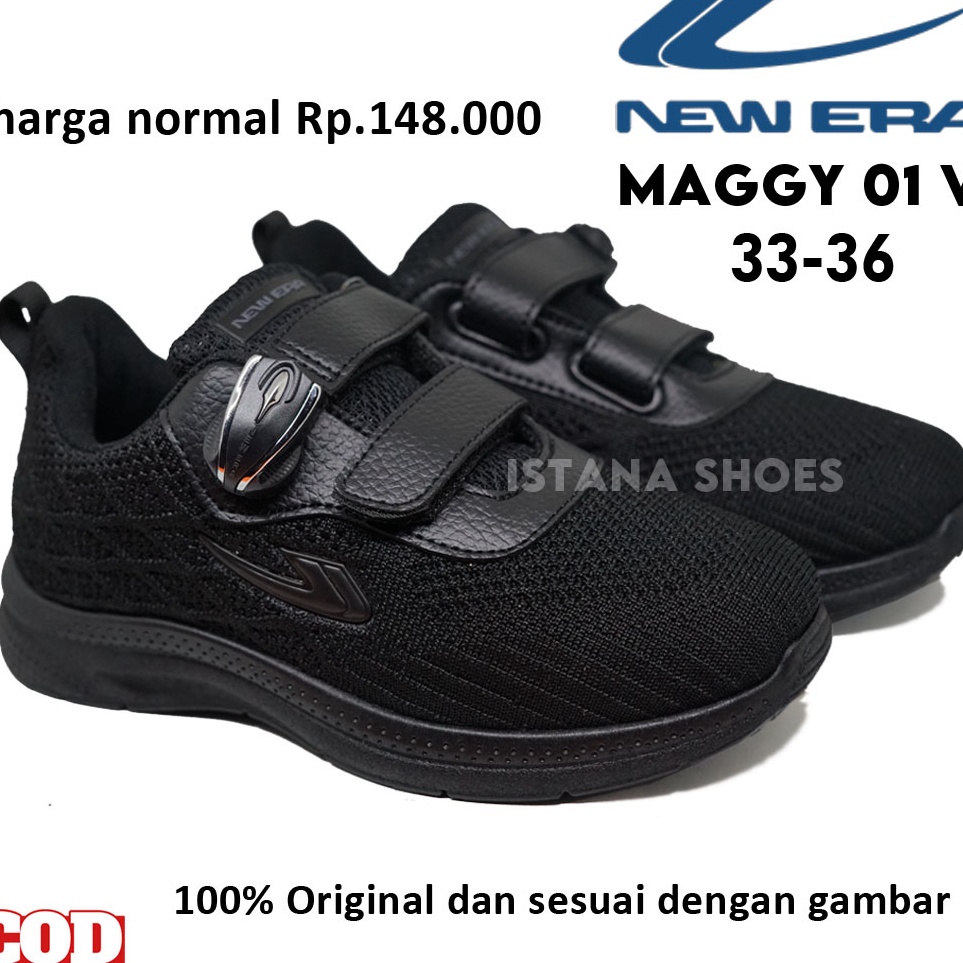 Spesial Terbatas  Sepatu Sekolah Anak Laki Laki Perempuan NEW ERA MAGGY MAGNET Full Hitam Perekat Se
