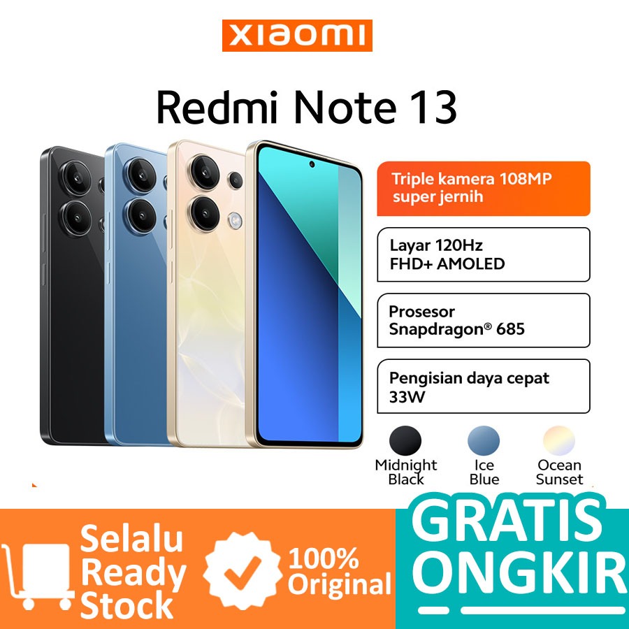 Xiaomi Redmi Note 13 (8GB/128GB) | (8GB/256GB) | Layar 120 Hz FHD+ AMOLED Tiga kamera 108 MP Proseso