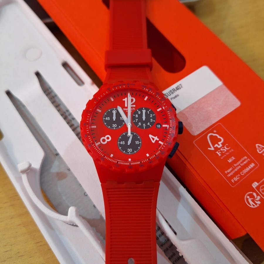 JAM TANGAN PRIA SWATCH SUSR407 CHRONOGRAPH RED ORIGINAL