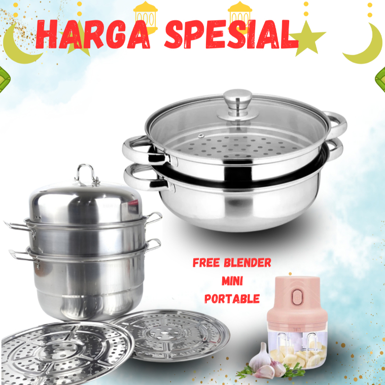 Paket Combo Spesial Panci kukus Susun 2 alaska + panci kukus dimsum/siomay Free parutan mini portabl