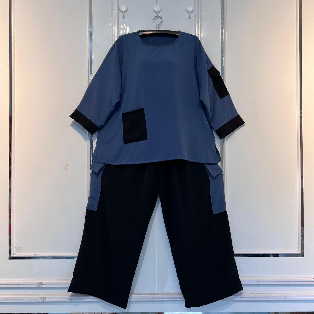 ODESSA ONE SET CARGO LD 130CM | Setelan Celana Saku Kombinasi Wanita Jumbo Crinkle Airflow