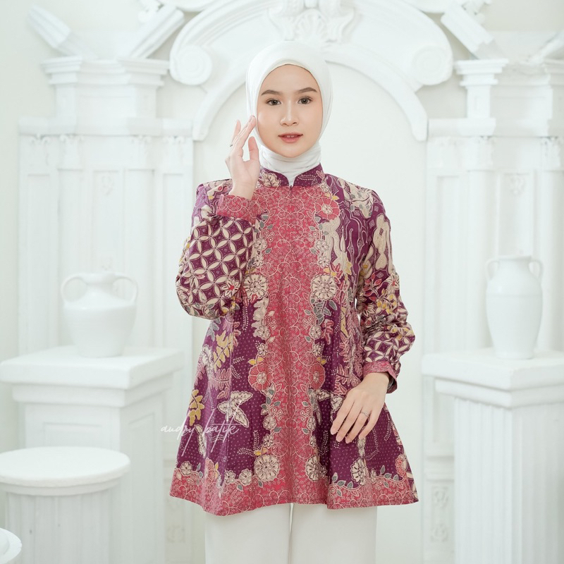 Audry Batik - Aninda - Blouse Batik Kerja Wanita Panjang Hijab Modern Motif Kawung Magenta