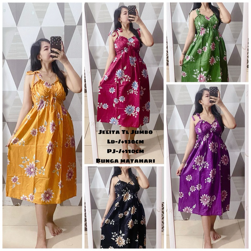 dress/daster jelita jumbo tali lepas muat BB 75 kg daster kerut dada solo daster midi daster viral n