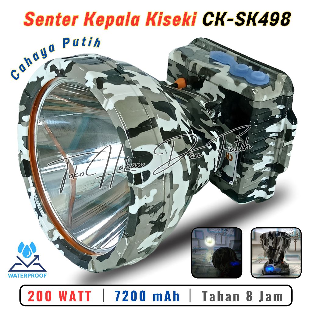 Senter Kepala / Head Lamp Kiseki CK-SK498 200 Watt Cahaya Putih Super Terang Sorot Jauh Body Loreng 