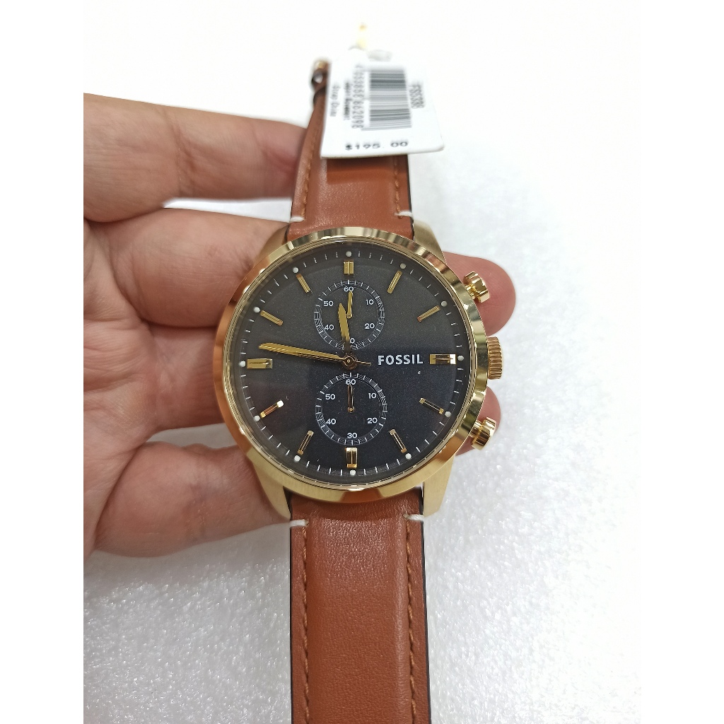 Jam Tangan Pria FL Townsman FS5338 Chronograph Black Dial Gold Brown Leather