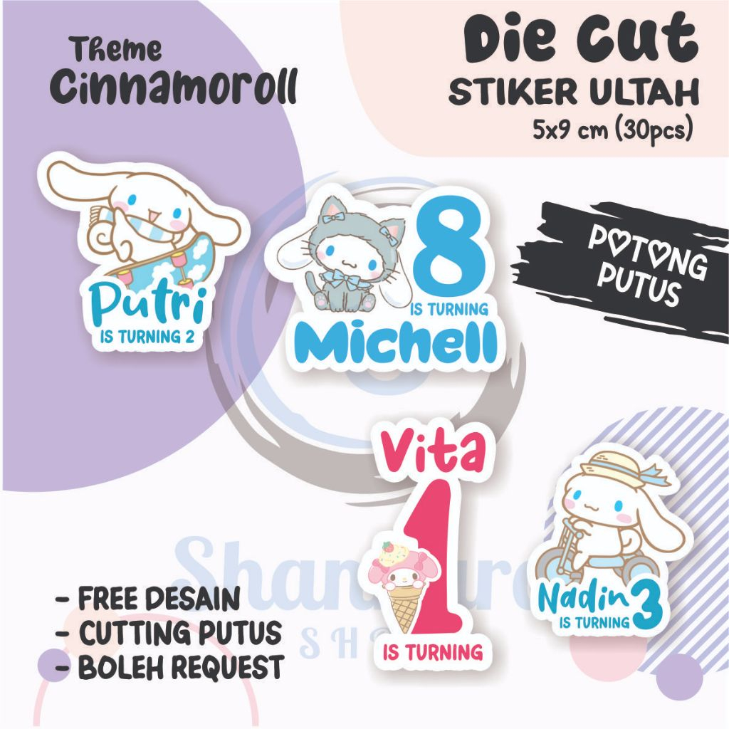 

( 30 PCS ) Stiker Ulang Tahun Anak THEME CINNAMOROLL / Stiker Ulang Tahun DIE CUT / Stiker Ulang Tahun Custom / Stiker Ultah Waterproff