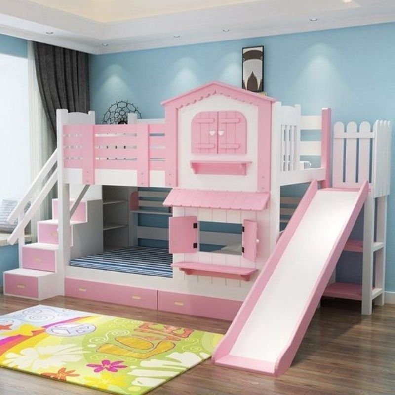Tempat tidur anak tingkat dan prosotan warna cat putih pink, ranjang anak tingkat dan prosotan,