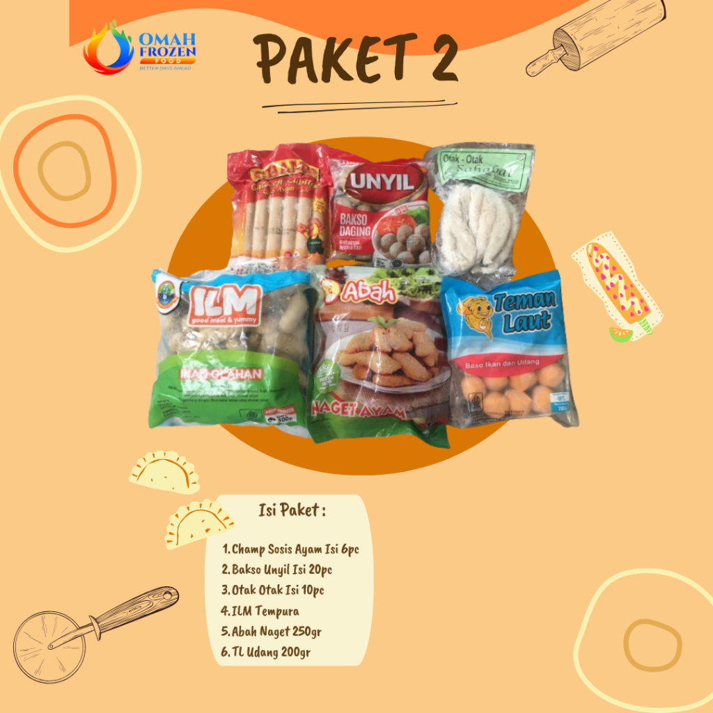 

Paket 2 Paket Frozen Food (Champ Sosis Ayam, Bakso Unyil, Otak Otak, OLM Tempura, Abah Naget, Teman Laut Udang) (NON COD DILUAR KARISIDENAN SOLO)