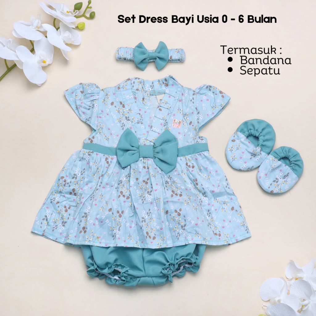 Baju Bayi Perempuan Set Dress Celana Bandana Sepatu Fashion Anak Cewek Usia 0 -  6 Bulan