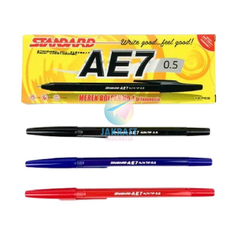 

sg (12 Pcs) Grosir Pulpen Bolpen Pen STANDARD AE7 Hitam Black Biru Blue Merah Red Tebal 0.5 mm Oil