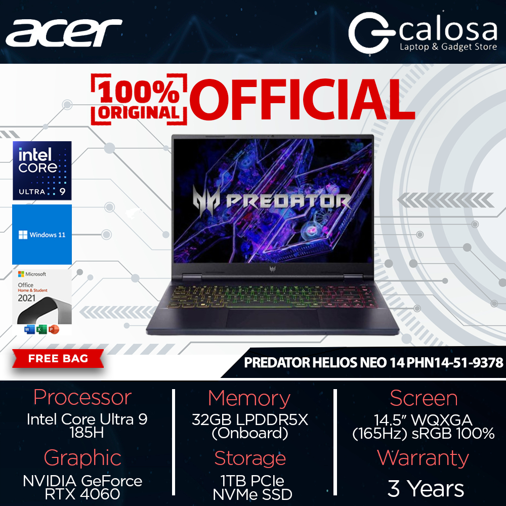 ACER PREDATOR HELIOS NEO 14 PHN14-51-9378 RAM 32GB 1TB SSD ULTRA 9-185H 14.5'' DIS WIN 11 ABYSSAL BL