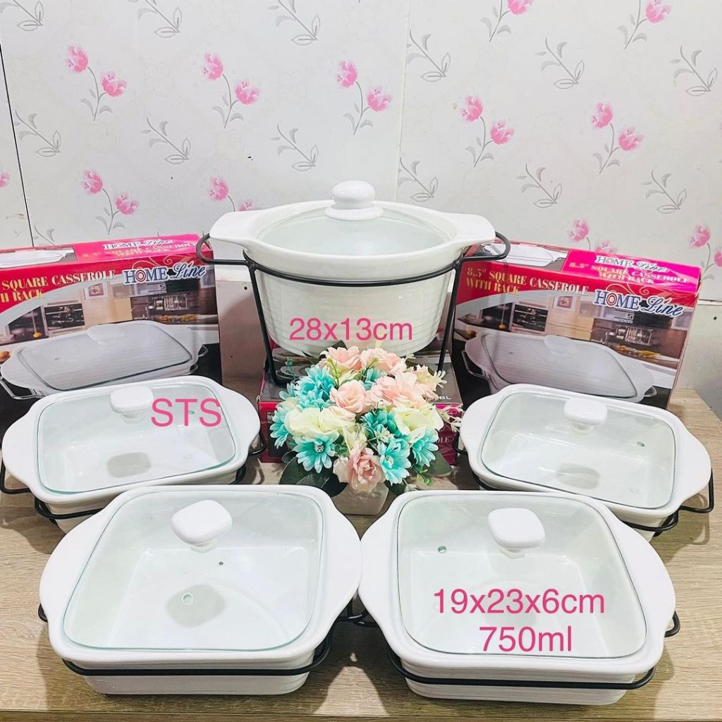 Prasmanan Sop Bulat dan Wadah Saji Segi Keramik Putih Homeline 5 pcs