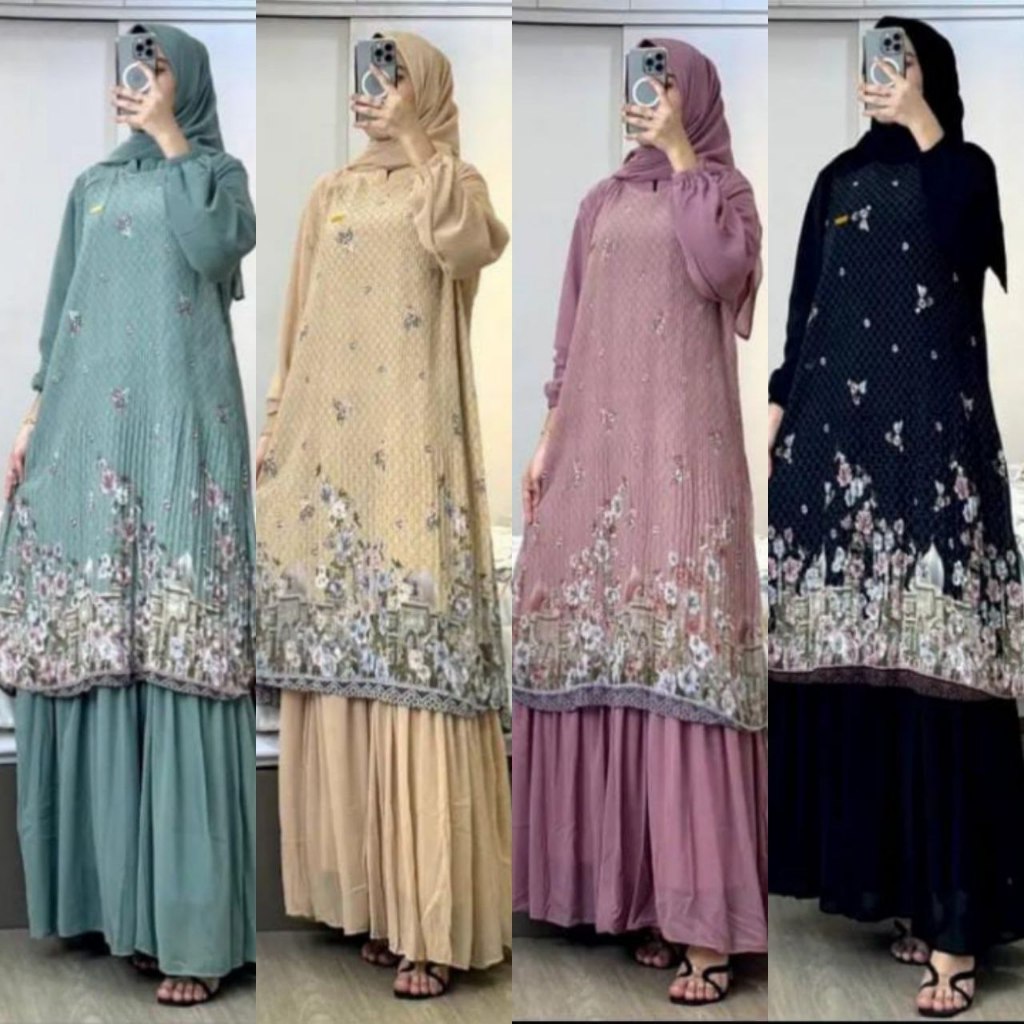Set Gamis Wanita Muslim Ceruty Plisket Full Furing Mewah Busui Setelan Baju Kurung Melayu Free Hijab