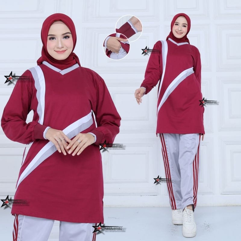 PROMO TERBARU SERAGAM KAOS OLAHRAGA SENAM WANITA MUSLIMAH MODEL TUNIK LENGAN PANJANG / SETELAN BAJU