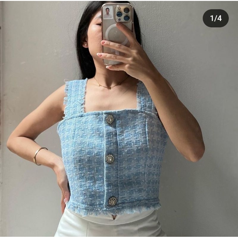 Blue Tweed Crop Top