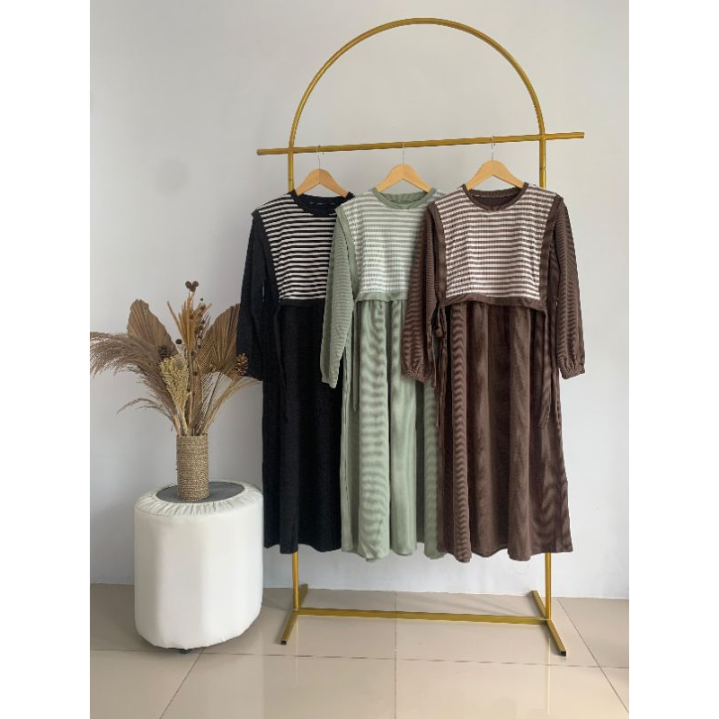 Dress knit polos mix knit import salur gamis salur kombinasi terbaru midi salur terviral