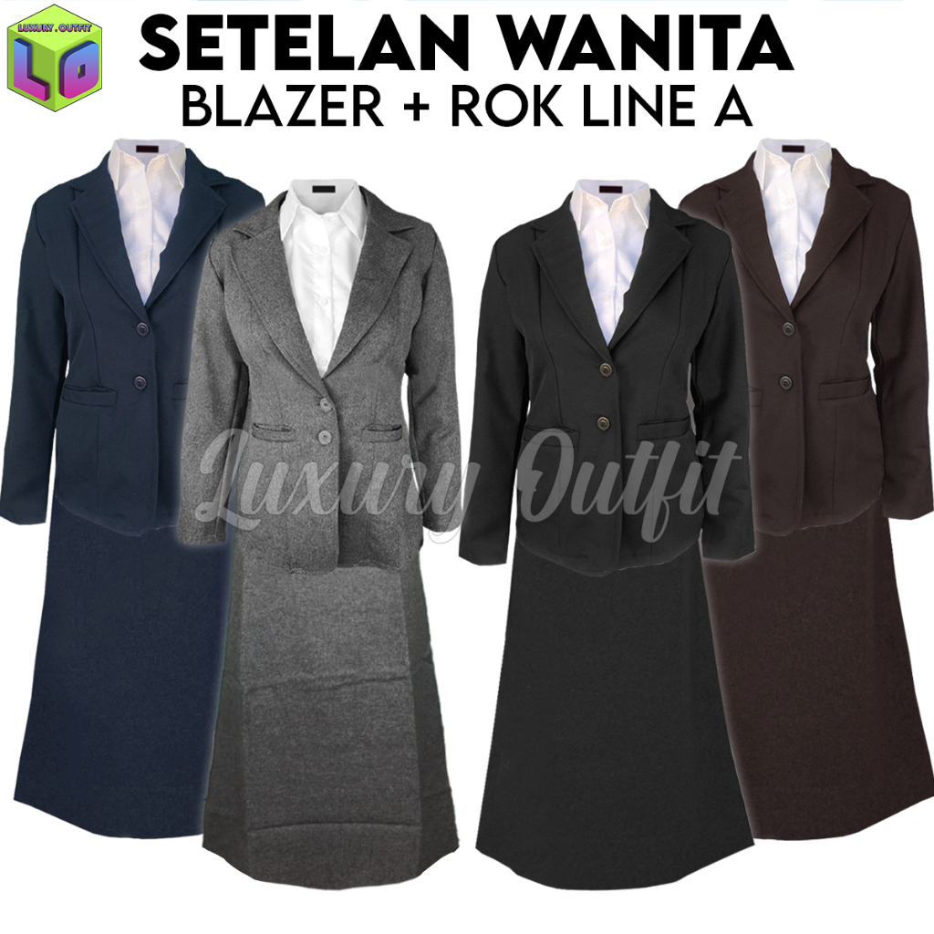One Set Blazer Rok Span Line A Panjang Wanita Bahan Wool Kain Semi Wol Setelan Jas Kerja Kantor Cewe