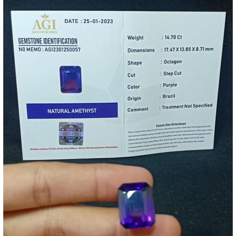 Batu permata kecubung amethyst asli natural bersertifikat AGI top quality
