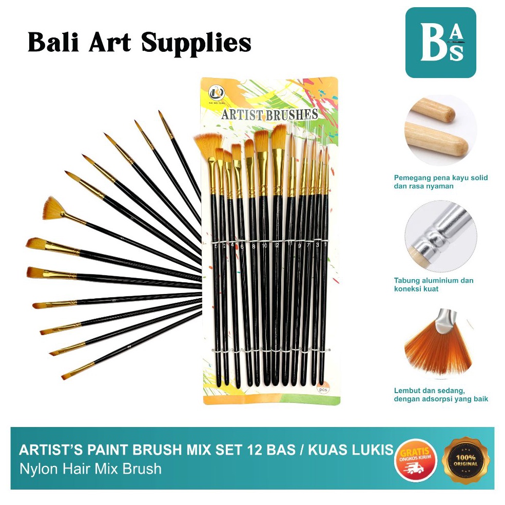 

KODE J89E Artists Paint Brushes MIx Set 12 Bali Art Supplies Kuas Lukis