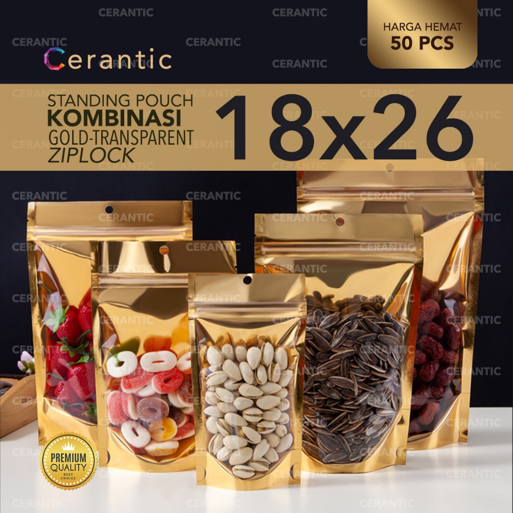 Standing Pouch Kombinasi Plastik Aluminium Foil Emas 18x26 - 1000 gr