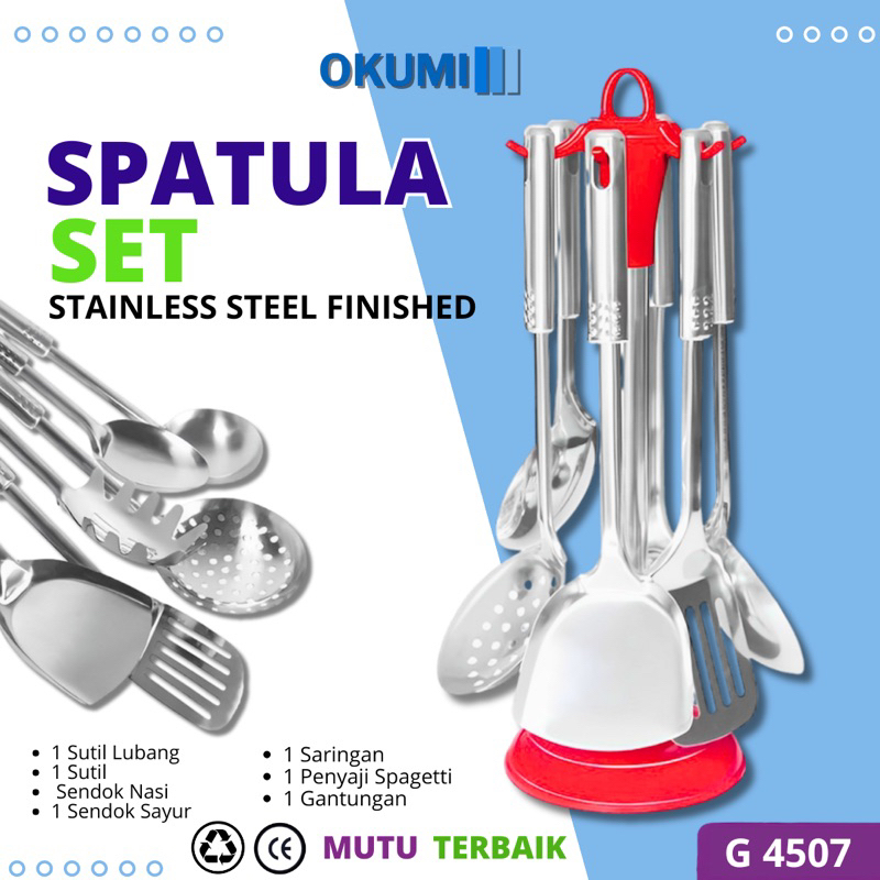 OKUMI Spatula Set Stainless Peralatan Masak Sutil Sodet Centong Sayur Kitchen Tools Kitchenware isi 
