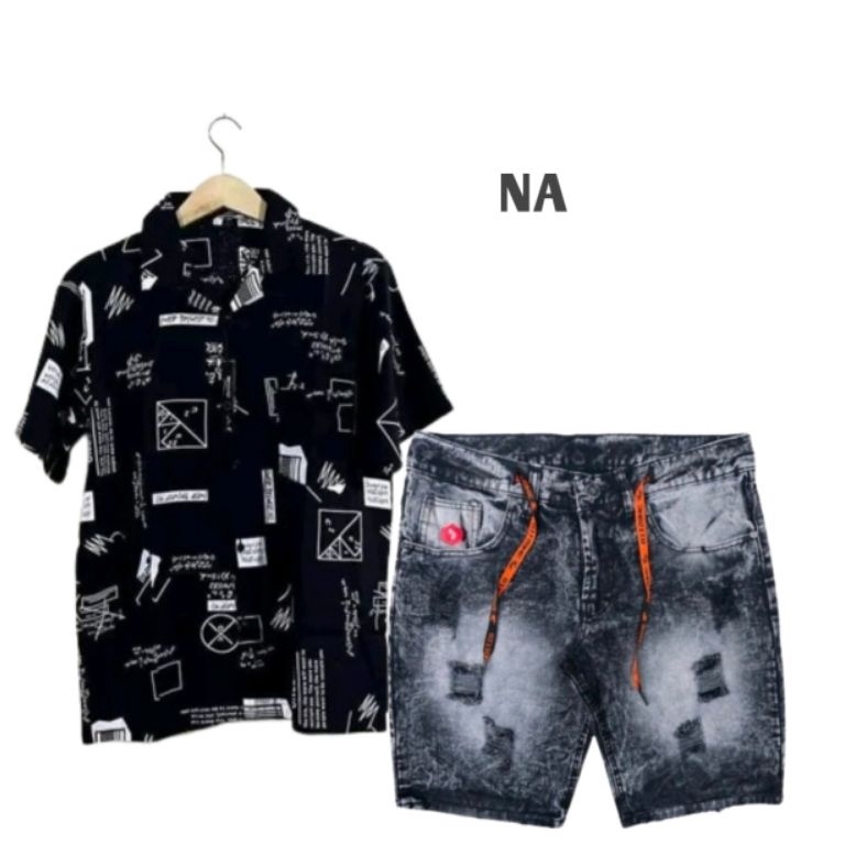 KODE R98J Setelan kemeja Rayon motif terbaru dan celana Jeans Sobek Pendek Riped