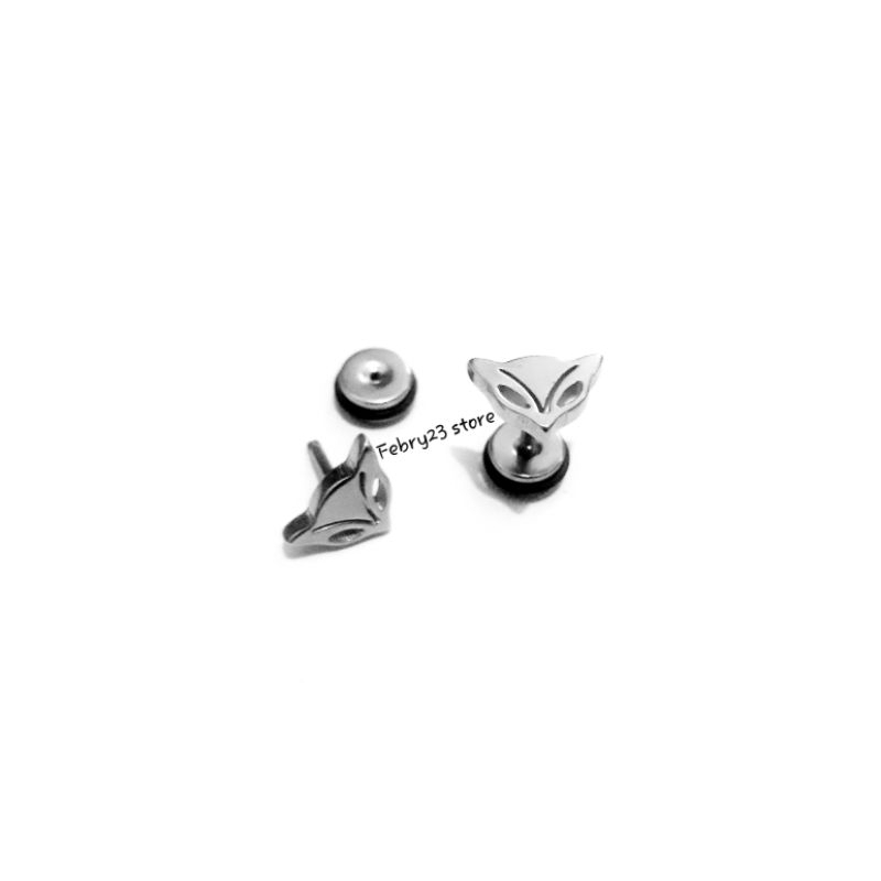 Anting Piercing Roda Motif Kepala Rubah Tusuk Tindik Barbel Putih Titanium Pria & Wanita