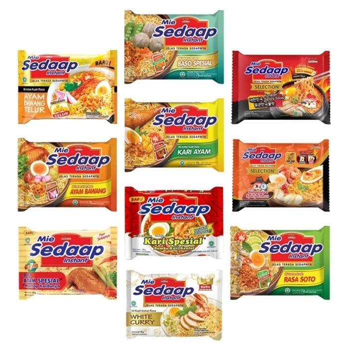 

Mie / Noodle Instant Sedaap Kuah Soto, Soto Baked, Kari Spesial, Singapore Spicy Laksa, Soto Madura, Ayam Jerit Rawit Bingit, Korean Spicy Soup, Spicy Chicken, Cheese Buldak, Ayam Bakar Limau 86 Gram