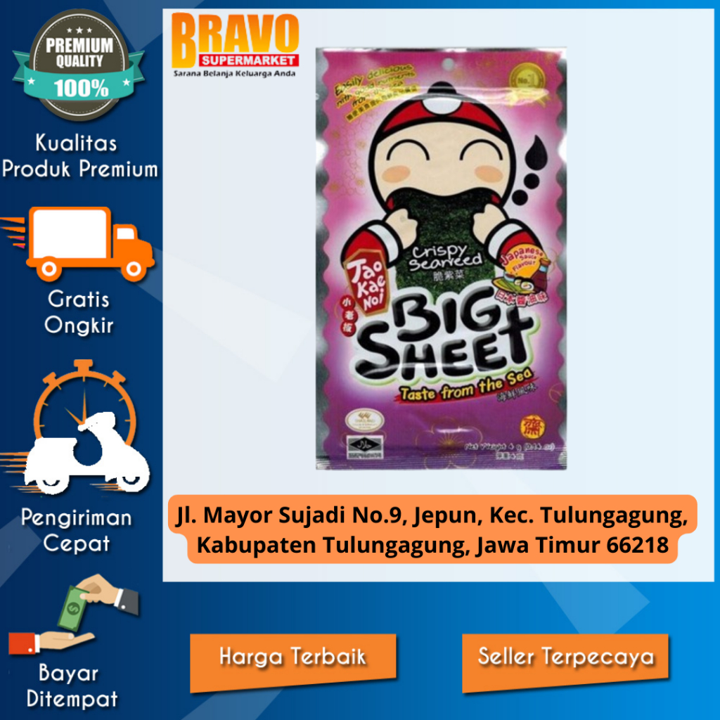 

Bravo Supermarket Tulungagung - Tao Kae Noi Crispy Seaweed Big Sheet Japanese Sauce 3.2g