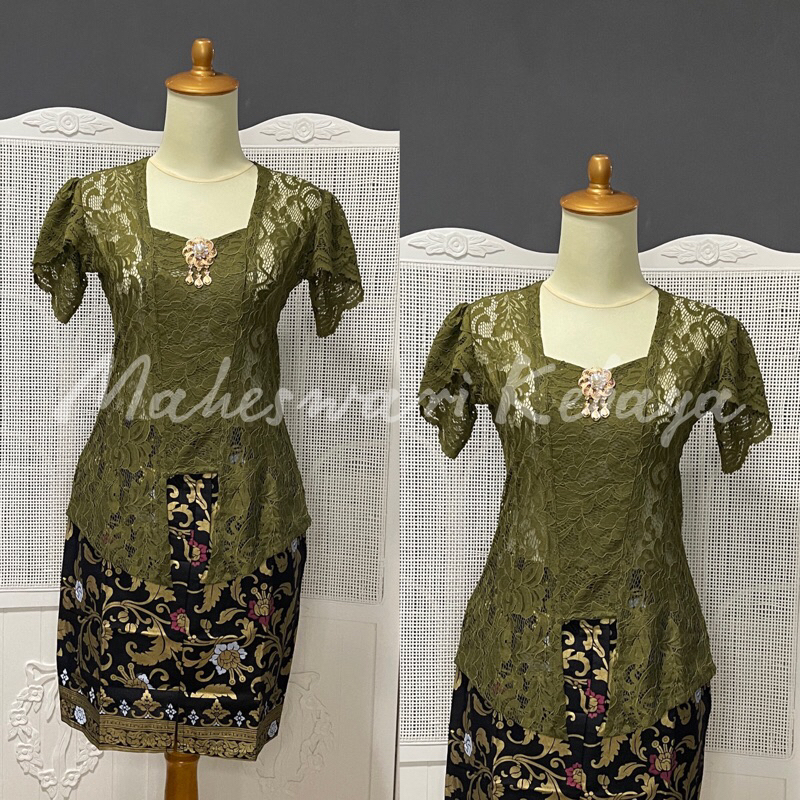 Kebaya Bali Set Brukat Lilit Hijau Army Rok Pendek