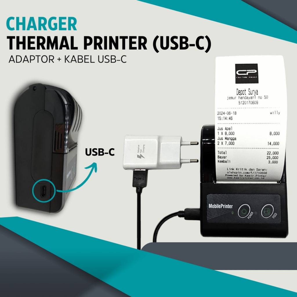 ORIGINAL Adaptor adapter printer thermal Bluetooth 5V 1A 5V 2A type C  Usb C  USB type C Real Ampere