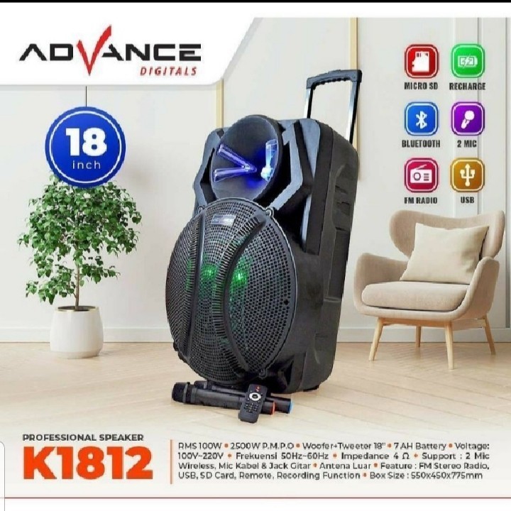 ADVANCE K1812 - SPEAKER BLUETOOTH MEETING Uk. 18 inch Free 2 Microphone Wireless (TANPA KABEL) BATAM