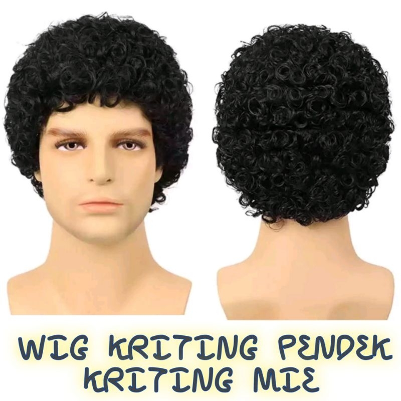 Wig Pria Rambut Kribo Ikal Pendek Warna Hitam Natural Rambut Palsu Pria Ikal Bulat Tebal Kribo Kecil