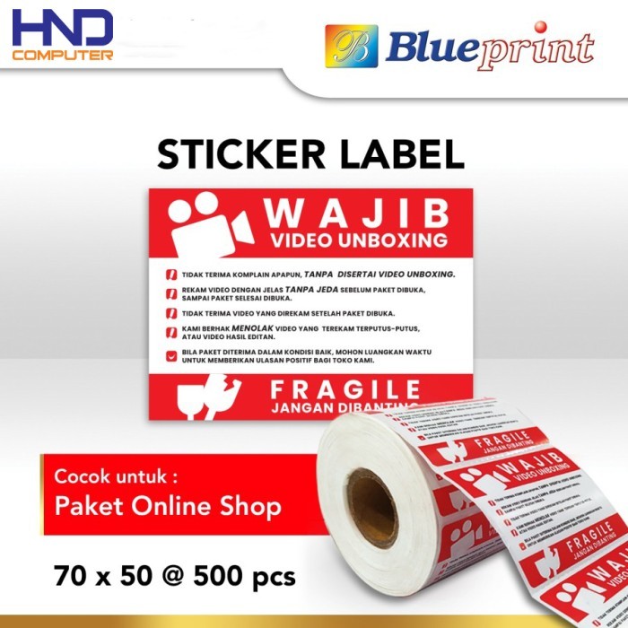 

Label Sticker Fragile Video Unboxing BLUEPRINT 70x50 mm isi 500 Pcs