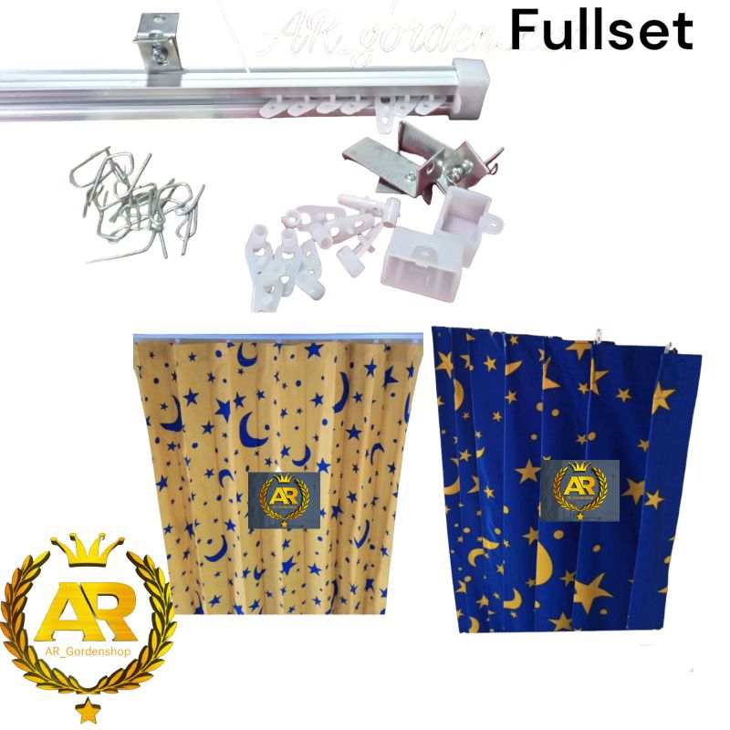 Gorden plisket Bulan bintang 1 set sama Besi 100cm / gorden tinggal pasang / gordeng 1 set lengkap /