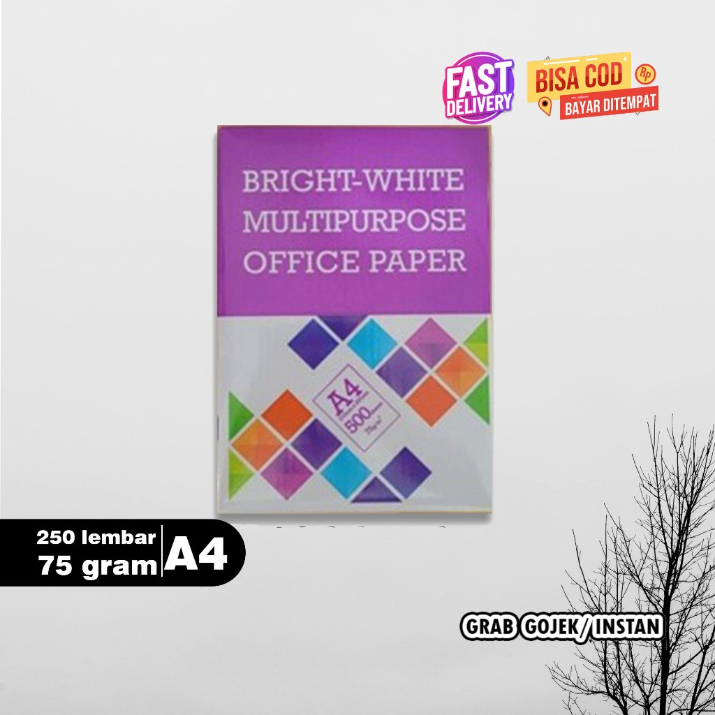 

Kertas A4 75 gr 1/2 Rim, 250 lembar BMO (Bright-White Multipurpose Office Paper)