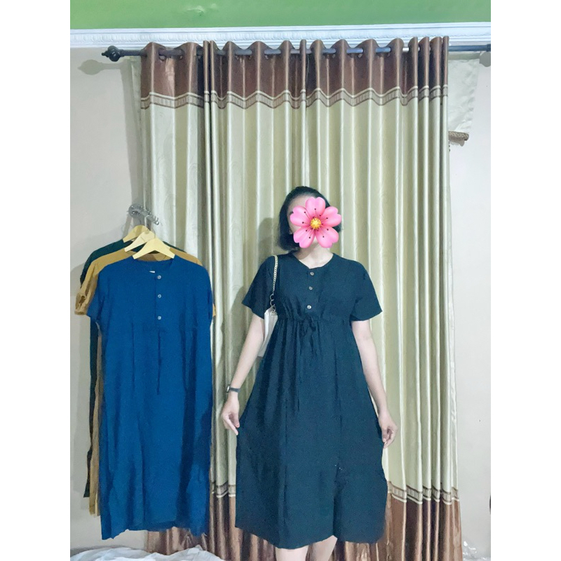 Daster Dress Andin Serut Rempel Polos Tebal Kancing Aktif Adem Busui Rayon Serut