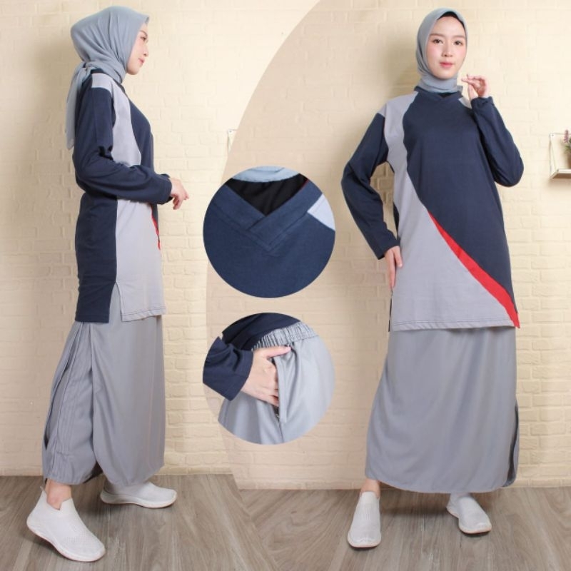 Set Rok Celana Sporty Muslimah//setelan Olahraga senam wanita muslim// Wanita Panjang Baju Katun