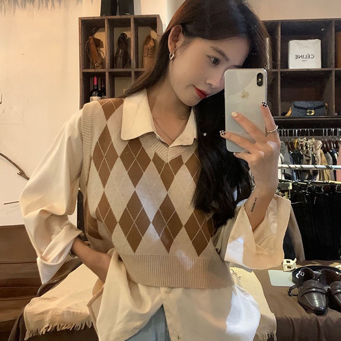 Spesial Pakaian luar kasual rompi kotakkotak leher V rajutan Korea