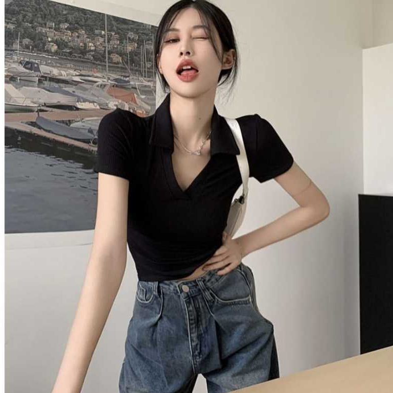 Blouse Korea - Kaos V-neck Polo Knit Premium Baju Atasan Wanita Lengan Pendek Crop Top