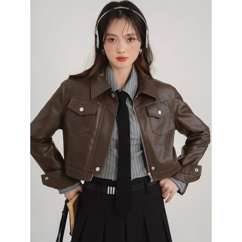 Dzakileather.id - Jaket Kulit PU Wanita Musim Gugur Mode Kerah Lipat Ritsleting Kardigan Vintage Sak