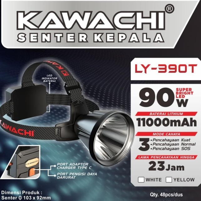 Kawachi Senter Kepala LED Super Terang Lithium Putih 90 Watt LY-390T