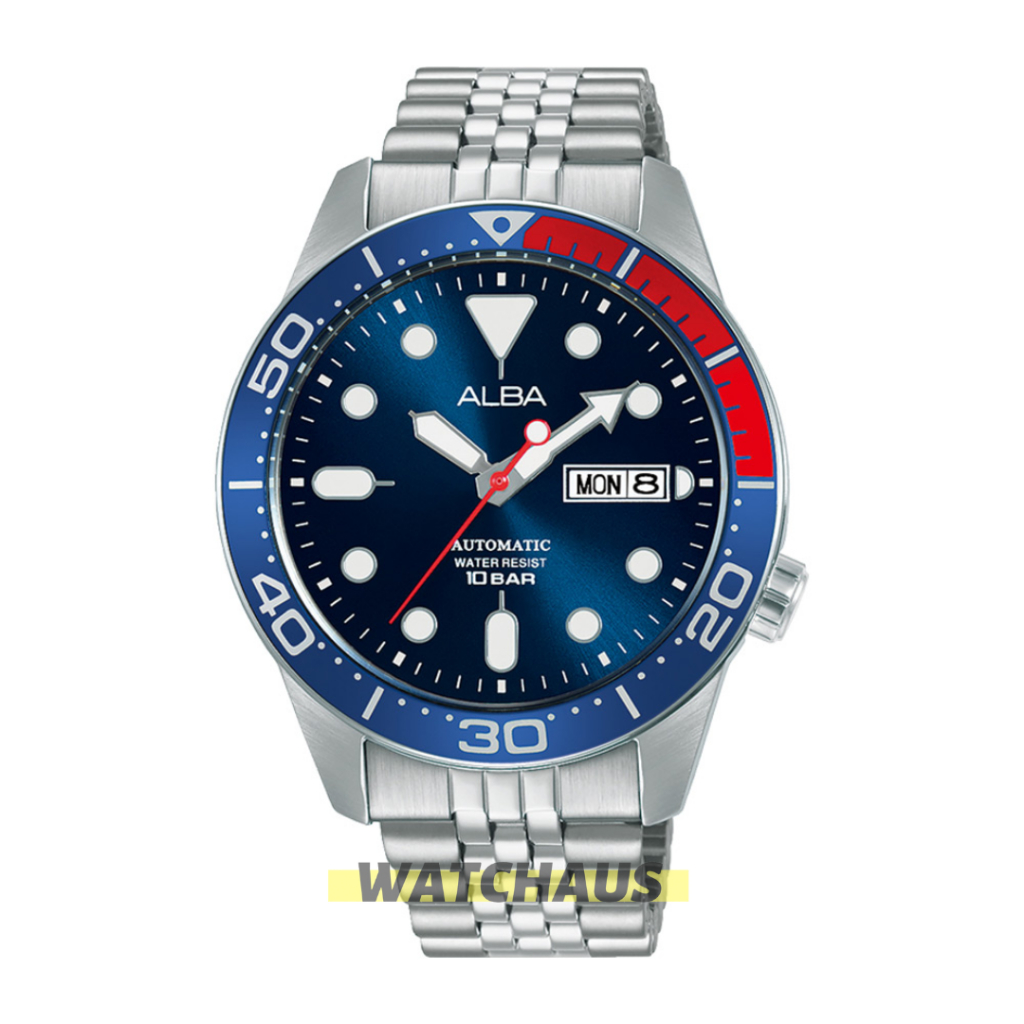 JAM TANGAN PRIA ALBA AL4191 AL4191X1 ANALOG AUTOMATIC SILVER BLUE STAINLESS STRAP